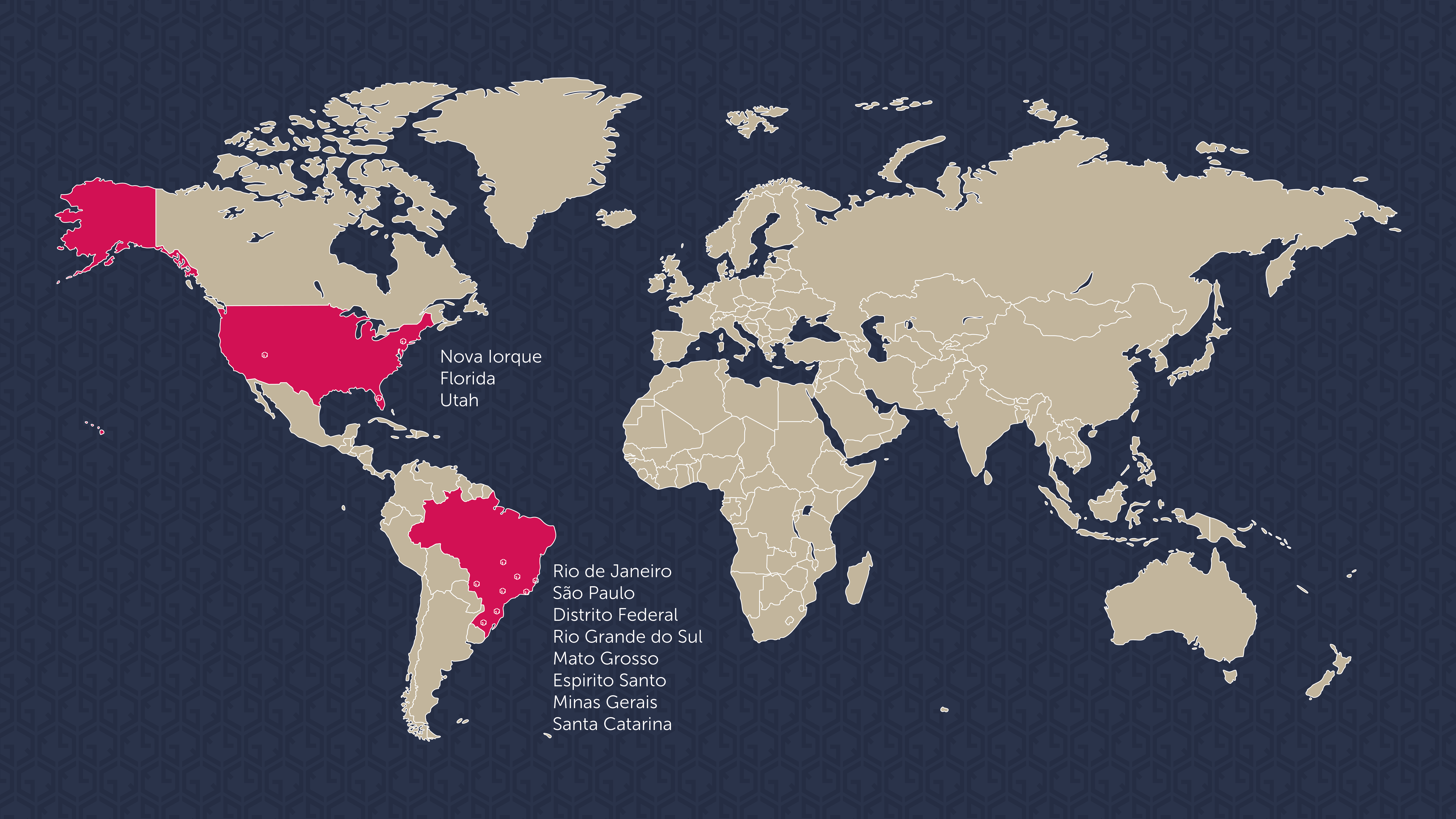 Mapa mundial com os estados e países que o Grupo Quintino tem atuação