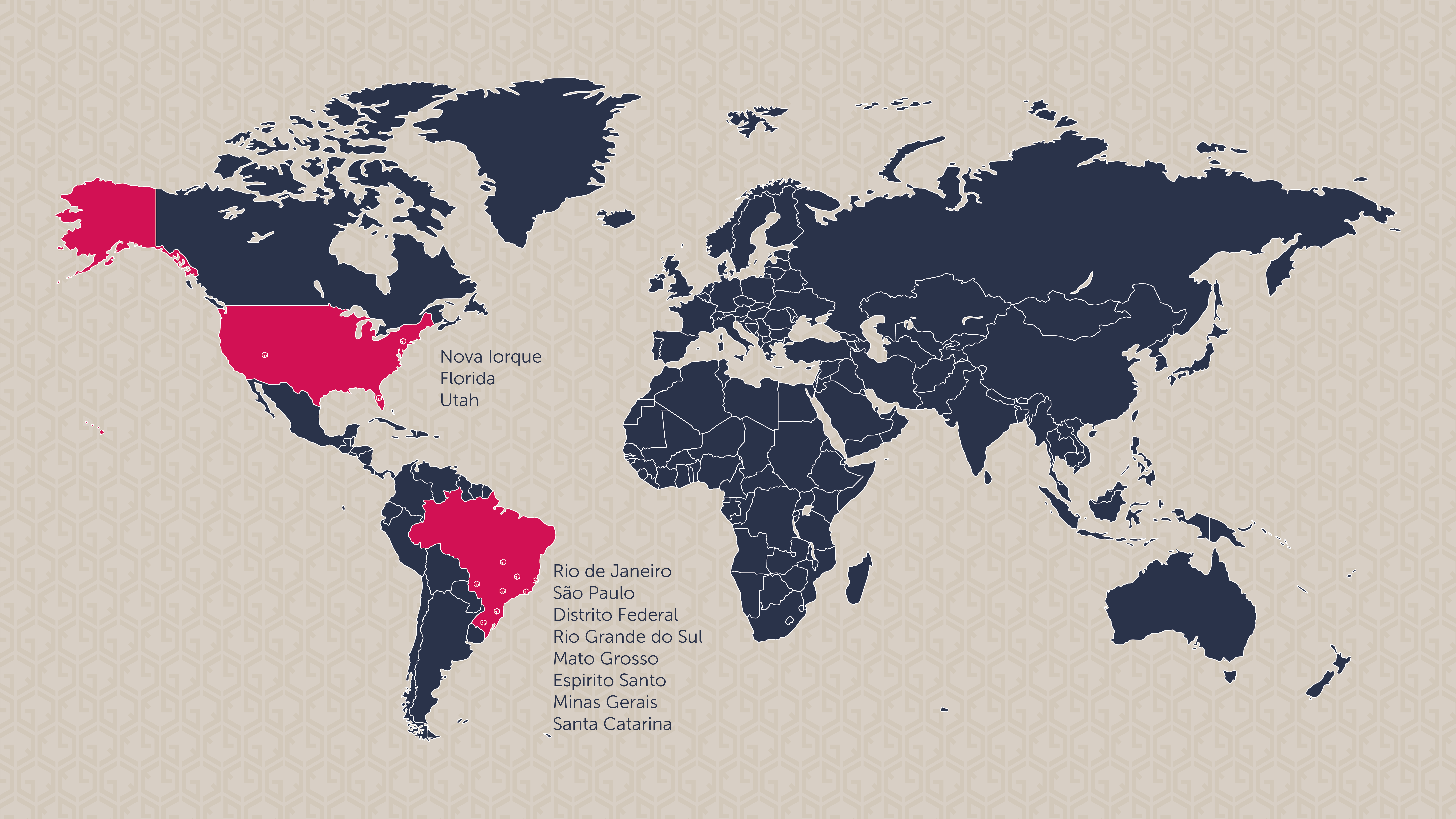 Mapa mundial com os estados e países que o Grupo Quintino tem atuação